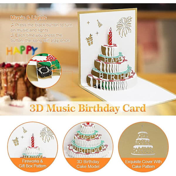 Birthday Card with Music and Light, 3D Pop-Up Greeting Card with Envelope, Gold