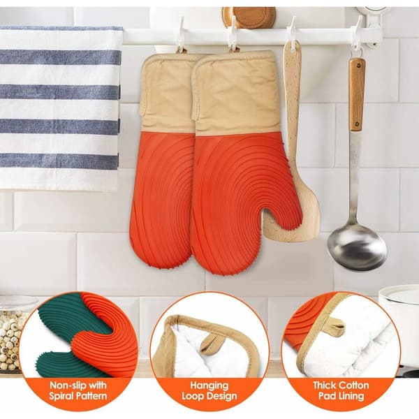1 Pair Oven Mitts Heat Resistant Silicone Oven Gloves for BBQ Kitchen Grilling Baking Microwave Grill Orange