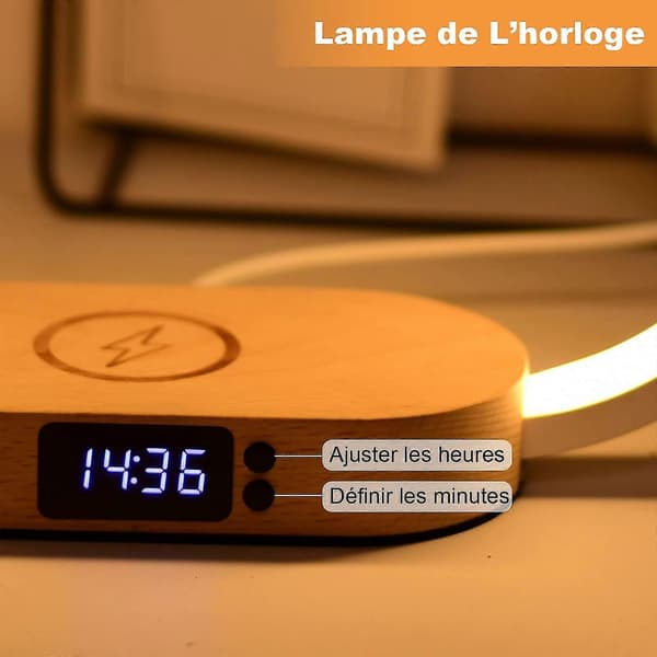 Wireless Charger Bedside Lamp, Touch with USB Port, Induction Charger with Clock, Table Lamp with 3 Color Modes and Dimmable, Wood & White