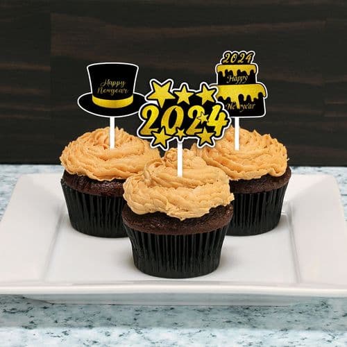12 stk. Godt Nyttår cupcake-dekorasjoner, 2024 festdekorasjoner.