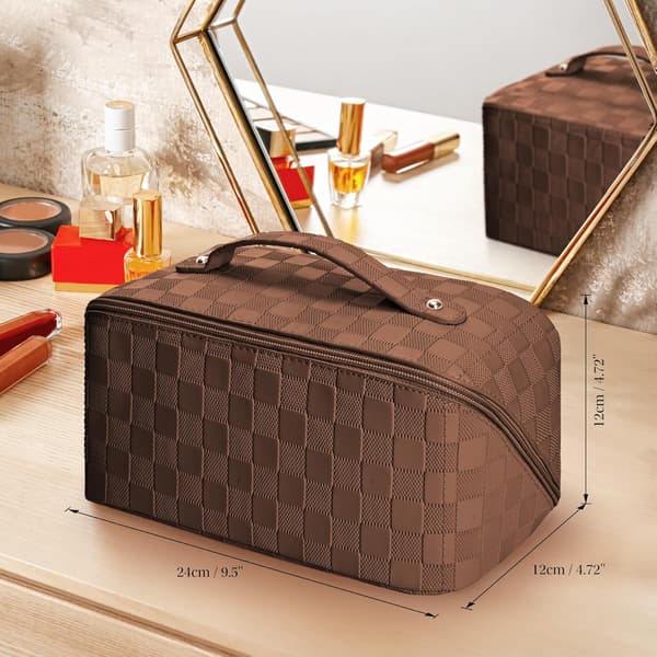 Women's Square PU Leather Makeup Bag - Large Brown Bag
