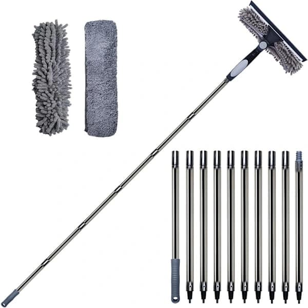 2-in-1 Window Squeegee with 4.5m Telescopic Handle, Microfiber Cleaner for High Windows, Car, Indoor Outdoor Shower, Grey gray