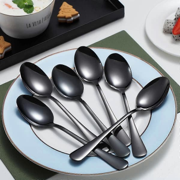Black Dinner Spoons, 6 pcs. 19 cm Stainless Steel Table Spoon with Titanium Black Coating, Dishwasher Safe