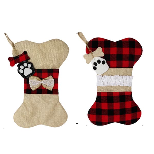 2 stk. julestrømper til hunde, sækkelærred med ternet design, stor benformet