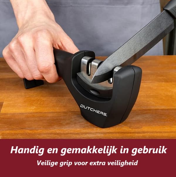 Dutchers 3-step knife sharpener with non-slip base and ergonomic handle for kitchen knives and scissors, black