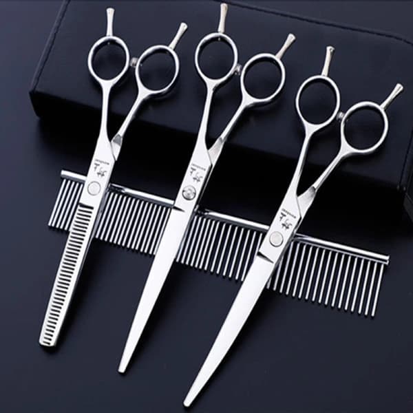 Dog Scissor Set with Trimming Scissors, Thinning Scissors, Curved Scissors and Comb Silver
