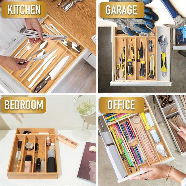 Bamboo Cutlery Tray Silverware Drawer Organizer Storage Box Rack Storage Box 5 Compartments Kitchen Drawer