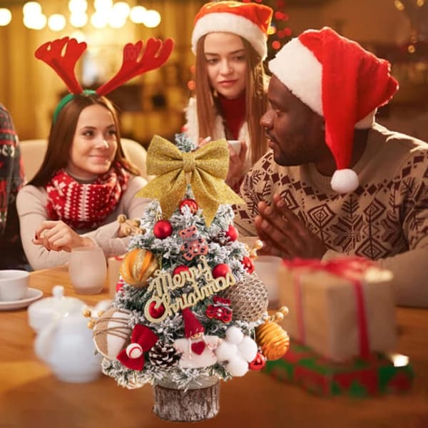 45 cm Mini Christmas Trees with Lights, Realistic Artificial Christmas Tree with Bows, Christmas Balls and Pine Cones, Mini Desktop Decoration Tree