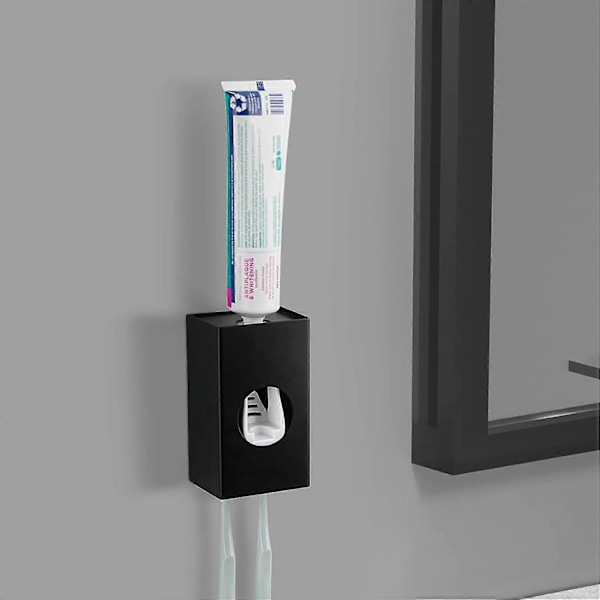 Toothbrush Holder Toothpaste Dispenser, Wall Mounted Toothbrush Storage Organizer for Bathroom, Toothpaste Squeezer (Black)