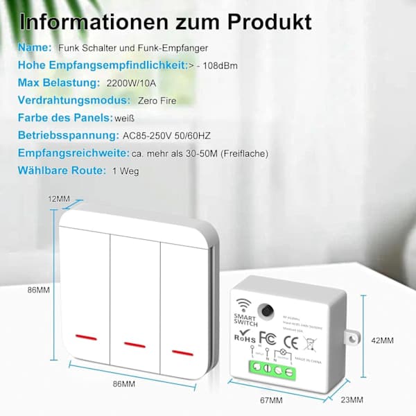 Wireless Switch, RF Transmitter, Safety Switch and Receiver Controller - 2200W/10A Smart Light Switch, Indoor, 30-50m, 433MHz Radio Transmitter