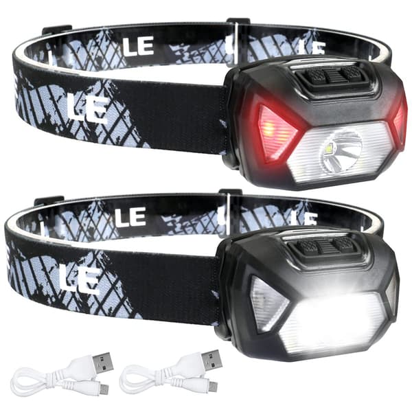 LE Hodelykt Oppladbar, [2-pakning] 2000L Vanntett LED-hodelykt med Røde Varsellys, 6 Lysmoduser, Lang Driftstid, Lett Hodelykt