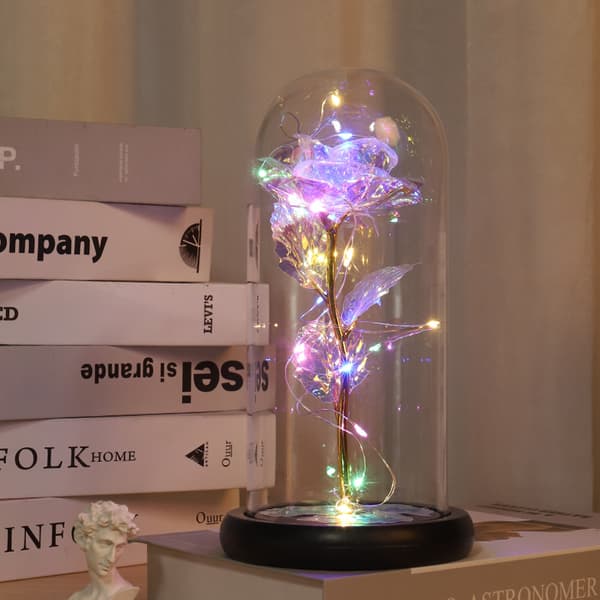 Eternal Rose in Glass Dome (Warm Light), Artificial Colorful Beauty