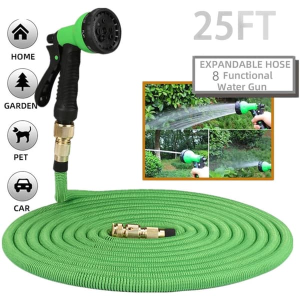 7.5m Retractable Garden Hose with Brass Fittings, 8-Function Spray Gun and Holder