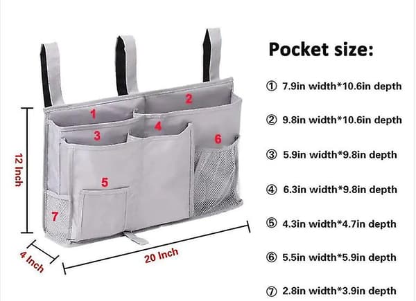 Versatile Bedside Caddy, Durable Waterproof Oxford Fabric Storage Bag for Dorm, Hospital Bed, Crib, with Adjustable Velcro