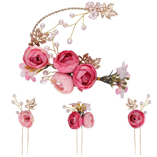 4-delt U-formet hårnåle med blomst, franske sidekamme, bryllupstilbehør til brude og brudepiger (pink)