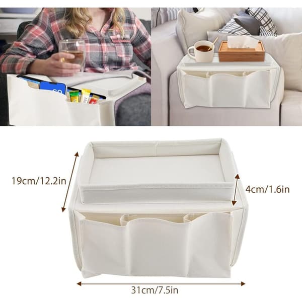 Sofaarmleneorganisator, TV-fjernkontrollorganisator, sofaoppbevaringsveske med koppholderbrett, sofaoppbevaringsbrett (beige)