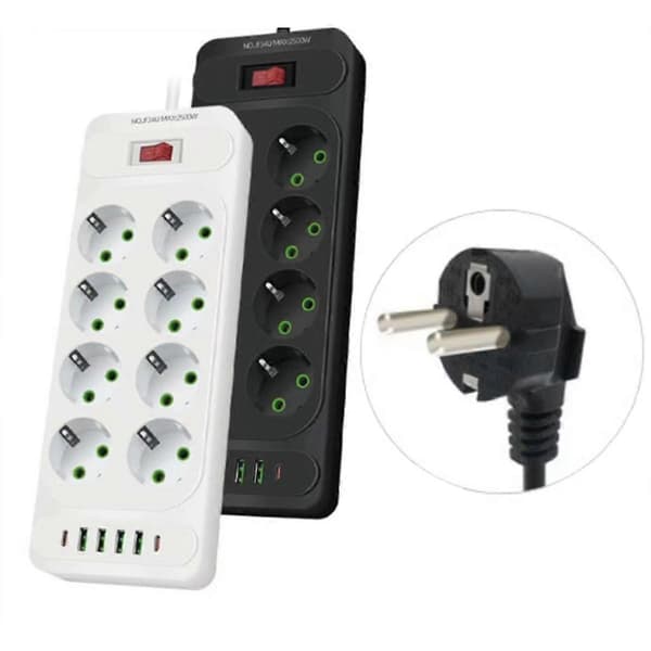 8-hulls EU-plugg AC-uttak Multi Tower Strømskinne 2M Skjøteledning Strømuttak Smart USB-uttak med Bryter Svart