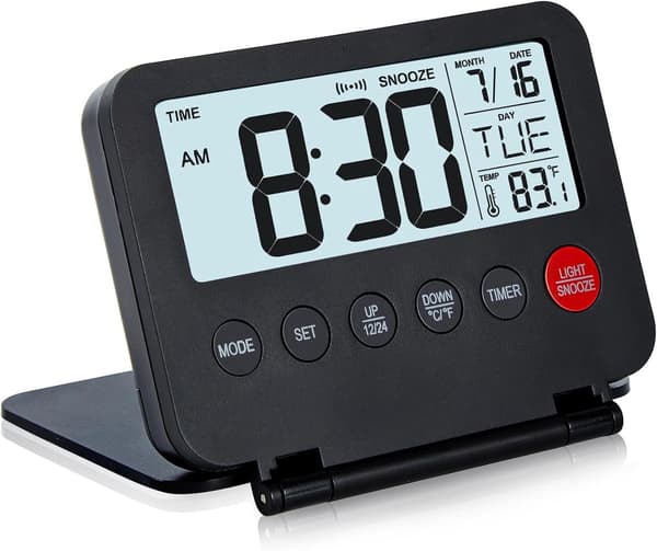 Ultratynn digital rejsevækkeur med stor LCD-skærm, dato- og temperaturvisning samt timerfunktion; sort.