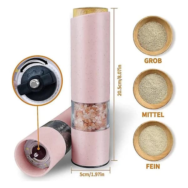 Electric Salt and Pepper Grinder Set, Adjustable Ceramic Grinding Core with LED Light, for Kitchen Cooking, Pink 2-Pack