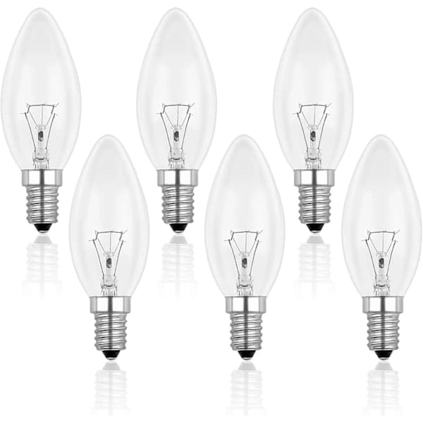 E14 40W Clear Incandescent Bulb, Dimmable, Warm White 2700K, 400lm, Flame Bulb, E14 Edison Screw Bulbs, 6-pack