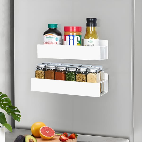 Magnetic Shelf 2-pack for Refrigerator with 4 Hooks Metal Spice Rack Kitchen Storage Organizer white white