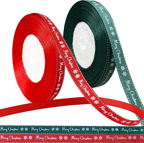 2 Rolls 40 Meters Merry Christmas Ribbon Grosgrain Gift Wrapping Rope with Snowflake Pattern for Christmas Tree Decorations DIY Craft Package (White Font)