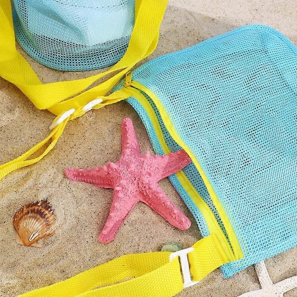 3-delt sæt med mesh-strandtaske, Sky Mesh-legetøjstaske til skalsamling