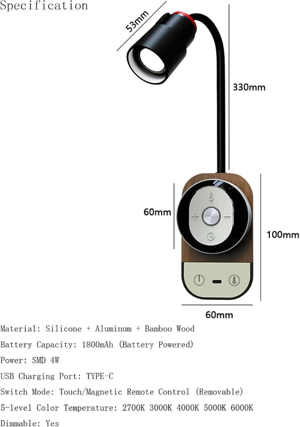 Batteridriven LED-vägglampa, dimbar touch sängbordsläslampa