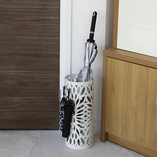 Modern White Metal Umbrella Stand with 4 Hooks & Removable Drip Tray