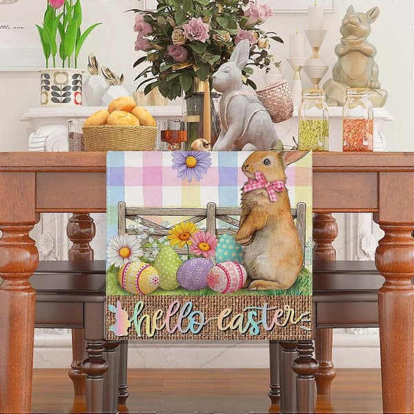Linen Easter Tablecloth Passalia Tablecloth with Rabbit Decoration and Ribbon, Plaid Easter Tablecloth (FMY)