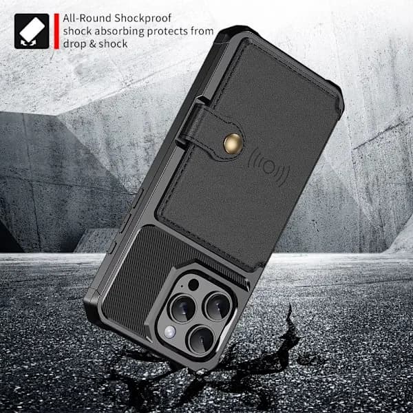 iPhone 12 Cover med Kortholder & RFID - Stødsikkert Sort Etui Lysegrå