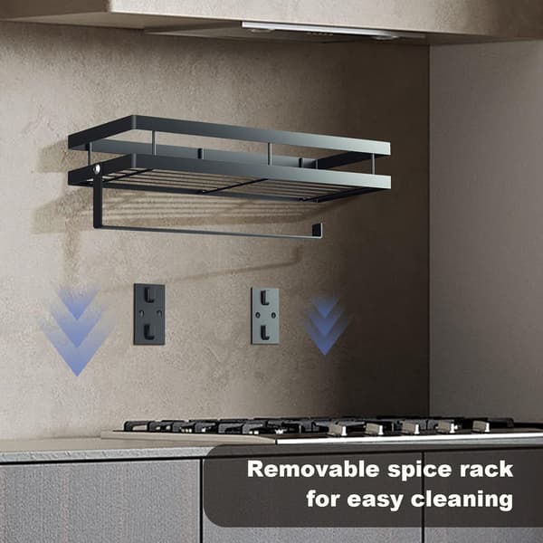 Wall-mounted spice rack without drilling, hanging spice rack with paper towel holder and 4 removable hooks, 35 cm Black