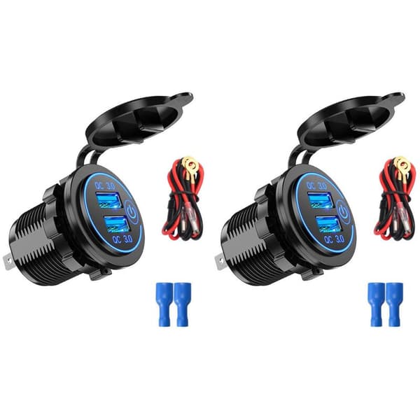 2 stk QC3.0 Dobbelt USB Biloplader 12V/24V Cigarettænderudtag med Blåt Lys Touch Switch