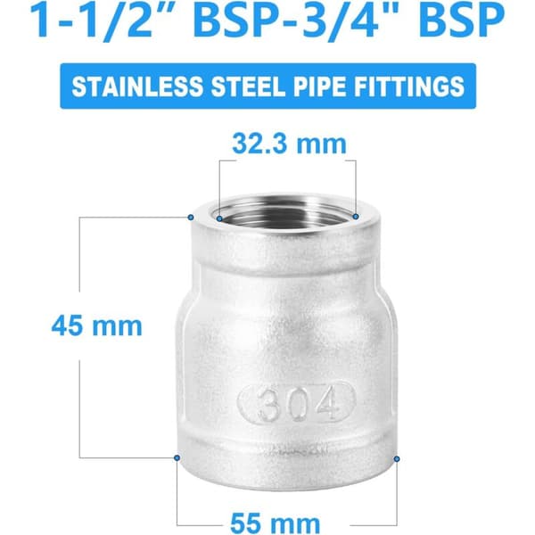 1 stk. 1-1/2\" x 3/4\" BSP hunreduktion, rustfrit stål 304 rørfittings, KLB