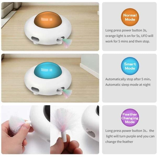 Interactive UFO Cat Toy with Rotating Feather, Smart Mode, Low Noise, Automatic Shut-off, Charging