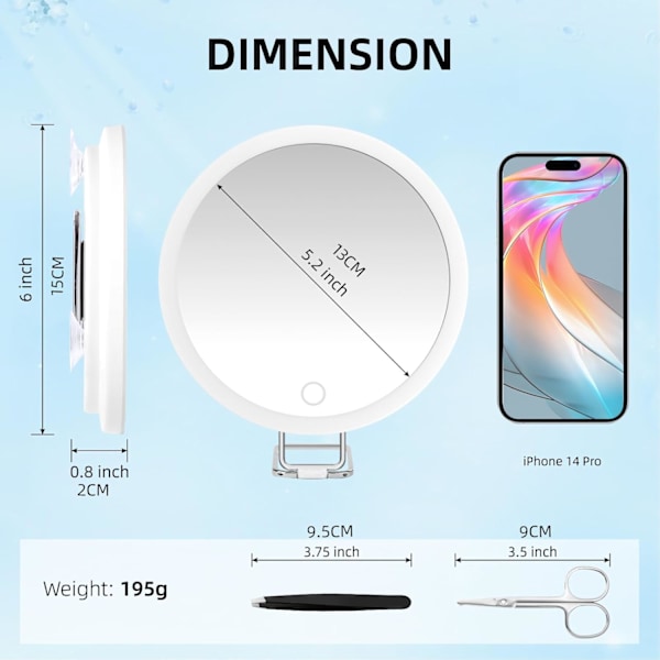 30x Suurennuspeili Valolla, 15cm 3 Värin Himmennystilat, 3 ImuKupilla ja 360° Pöytätelineellä