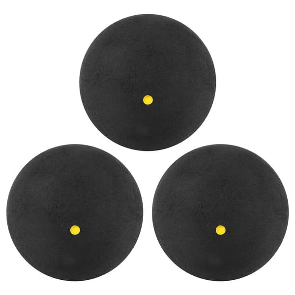 3 stycken squashbollar med en prick, gula, låg hastighet, sport, gummibollar, professionella spelare, tävlingssquash