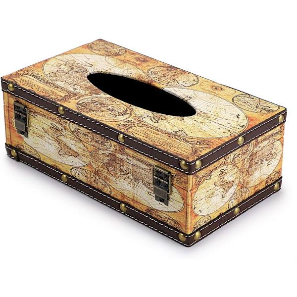 Retro Tissue Box Holder, Tissue Organizer Rektangulær Træ + PU Tissue Box Cover (Gul Kort)