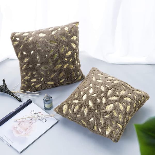Sæt med 2 (brun) 40x40 cm, plys pudebetræk med fjerdesign, superbløde pudebetræk til sofa, seng, soveværelsesindretning