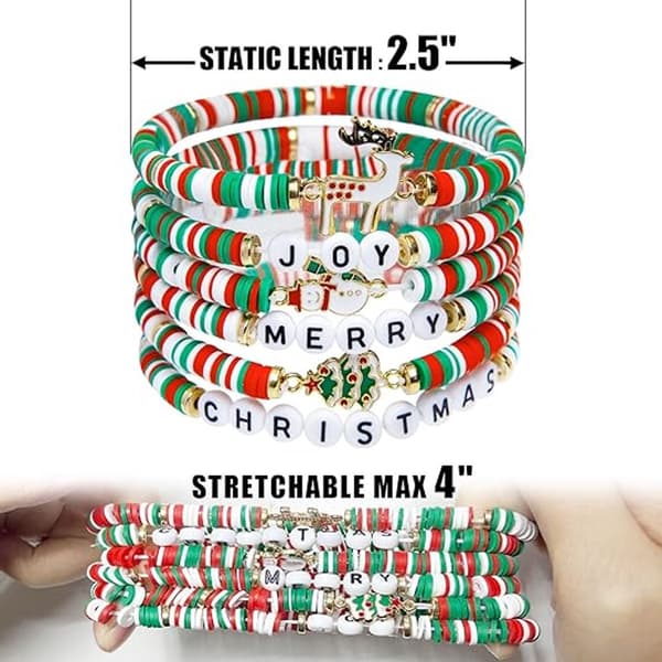 Set med 6 jularmband - Joy & Merry Candy-stil, stapelbara för kvinnor och tonåringar - Perfekta julklappar - Ålder 3+