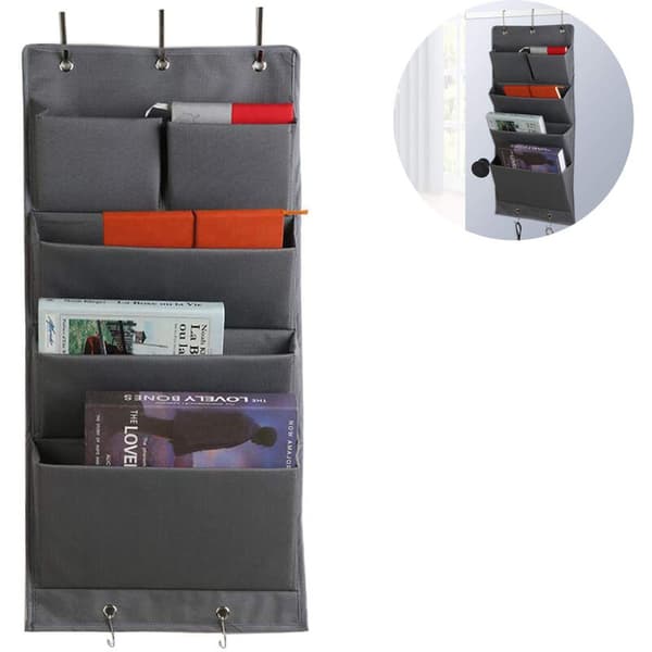 Hanging Organizer Oxford Fabric Door Wardrobe Organizer Foldable Hanging Shelf with 5 Towel Hooks Hanging Storage with 4 Large Compartments, Grey