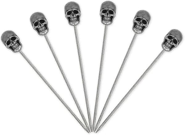 Drikkepinde med kranium, 6 stk., rustfrit stål, genanvendelige frugtpinde til Halloweenfest - Sæt A