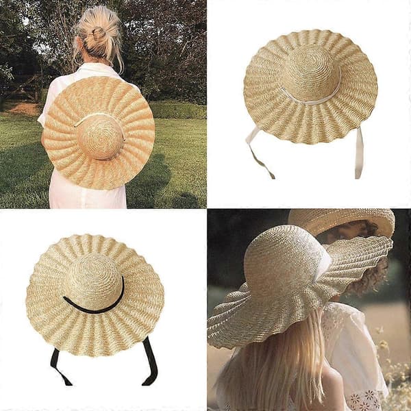 Wide Brim Straw Hat with Wavy Pattern Band for Outdoor Sun Protection Beach