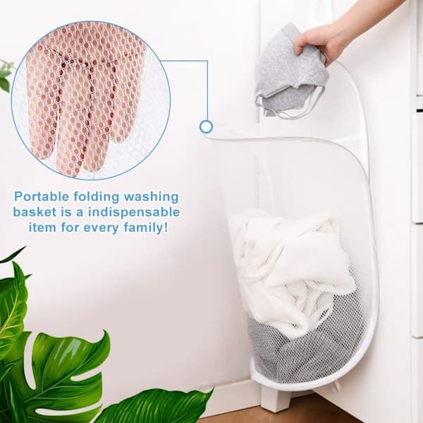 Hanging Laundry Hamper, Large Pop-Up Laundry Storage Basket White Mesh Laundry Basket Foldable Laundry Hamper with Handles (60 x 40 cm)