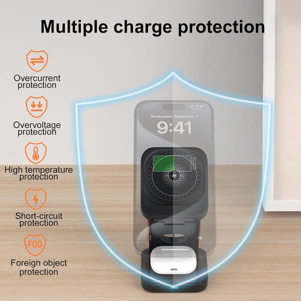 3-i-1 Trådløs Oplader Magnetisk Ladestation Til Smartphones Sort
