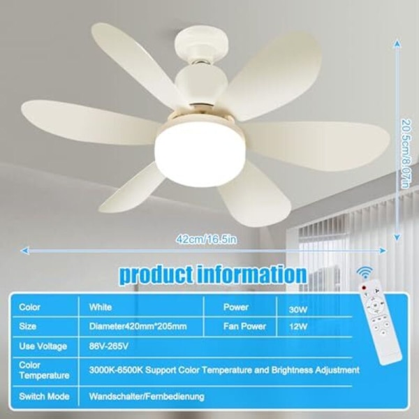 Silent LED Ceiling Fan with Light Remote Control 3 Dimmable Modes 3 Speeds Timer for Bedroom Living Room Kitchen Office