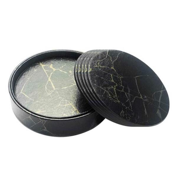 6-pack Reversible Coasters Black Marble PU with Holder