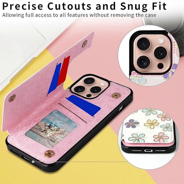 Til iPhone 16 Pro Cover Blomster Læder+TPU RFID Blokerende Kortlomme Telefoncover