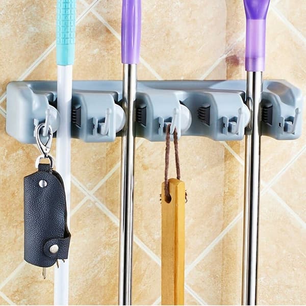 Multifunctional Wall Mounted Broom Holder, Storage Hanger for Your Kitchen, Garage, Laundry Room (4 Slots and 5 Hooks)