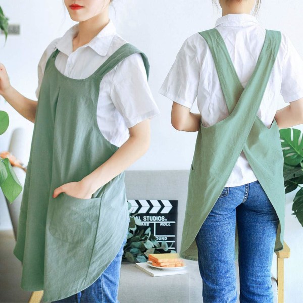 Japanskt linnekors Baksida Köksmatlagningsförkläden för kvinnor med fickor Söt för bakning Måla Trädgårdsarbete Rengöring Grå